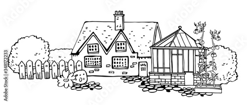 Composition with old village house, greenhouse and garden. Hand drawn outline vector sketch illustration