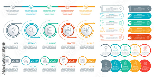 5 steps, levels or options info graphic set. Business design elements with icons for timeline infographics, information brochure, presentation, banner, workflow layout. Vector illustration.