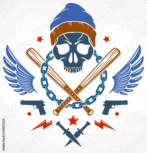 Gang brutal criminal emblem or logo with aggressive skull baseball bats and other weapons and design elements, vector anarchy crime terror retro style, ghetto revolutionary.