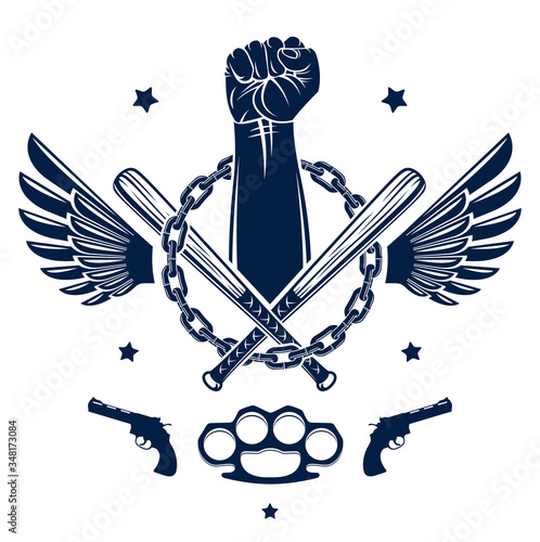 Revolution and Riot aggressive emblem or logo with strong clenched fist, weapons and different design elements , vector tattoo, anarchy and chaos, rebel partisan and revolutionary.
