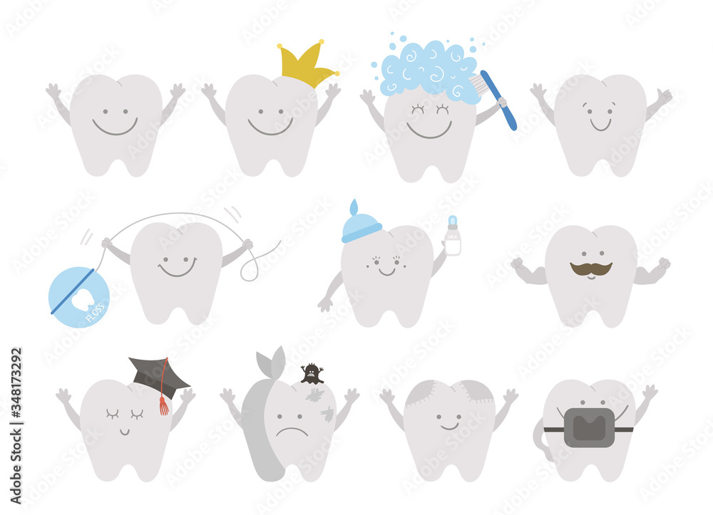 Set of cute kawaii teeth. Vector collection of tooth icons for children design. Funny dental care picture for kids. Dentist baby clinic clipart with mouth hygiene concept on white background..