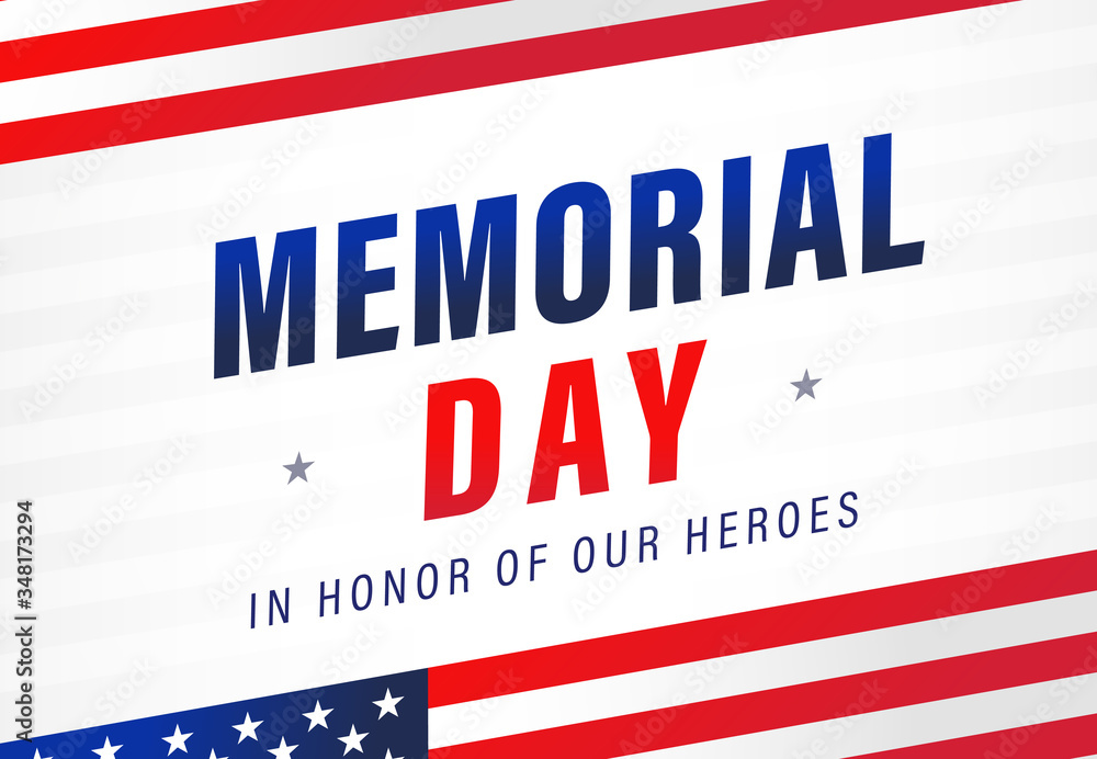 Memorial Day light stripes banner with flags. Happy Memorial Day background with american flag and typography. Vector illustration