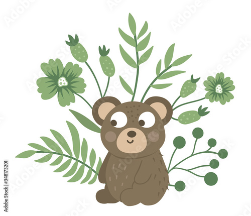 Vector hand drawn flat baby bear with leaves  twigs and flowers. Funny scene with woodland animal. Cute forest animalistic illustration for children   s design  print  stationery.
