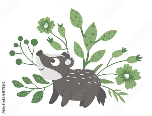 Vector hand drawn flat baby badger with leaves, twigs and flowers. Funny scene with woodland animal. Cute forest animalistic illustration for children’s design, print, stationery.