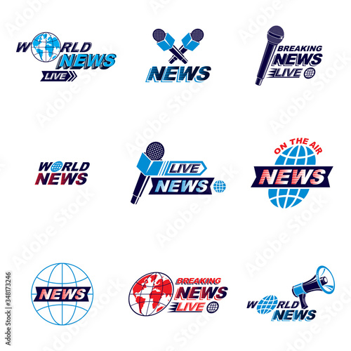 Set of social telecommunication theme logotypes, emblems and posters. Earth globe, microphones and megaphones devices vector illustrations created with news writing.