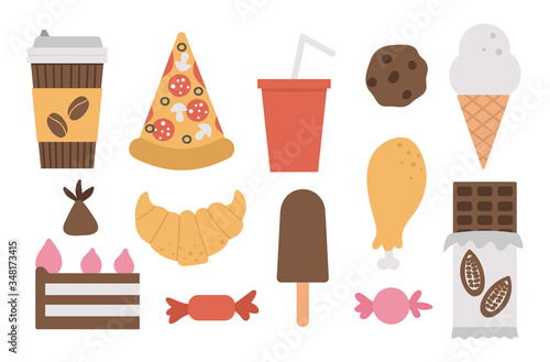 Set of vector junk food and drink icons. Ice-cream, pizza, sweet products, chocolate, candy, pastry illustration isolated on white background. Flat hand drawn unhealthy nutrition clipart. .