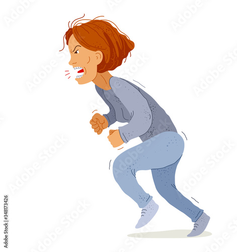 Aggressive woman psychological abuser vector illustration, scream and shout quarrel with violent clenched fists, domestic violence and abuse, alcoholism bad behavior, psychopath manipulator.