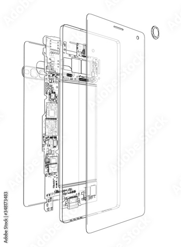 Disassembled smartphone concept outline. Vector