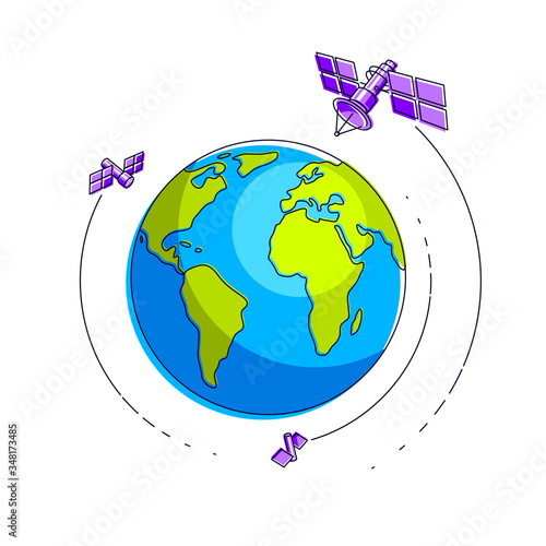 Global communication technology satellites flying orbital spaceflight around earth, spacecraft space stations with solar panels and satellite antenna plate. Thin line 3d vector illustration.