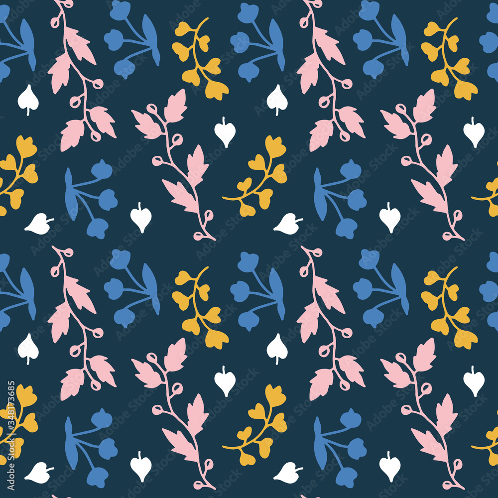 Obraz premium Seamless pattern with hand drawn branches and floral elements. Bright colours pink, blue, yellow, peach. Rustic style. Isolated on blue