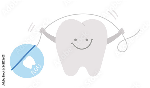 Cute kawaii tooth holding floss. Vector teeth icon for children design. Funny dental care picture for kids. Dentist baby clinic clipart with mouth hygiene concept on white background..