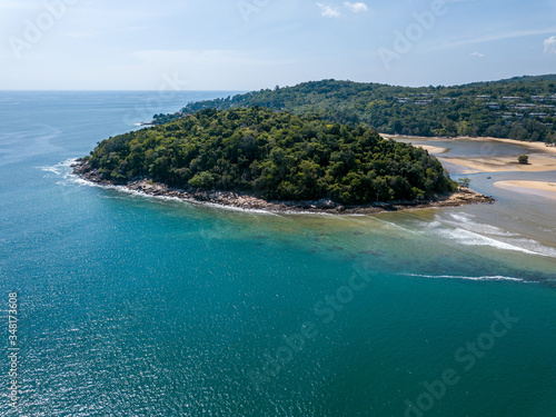 View from a high-angle drone of a small island in the Andaman Sea, northern Phuket.