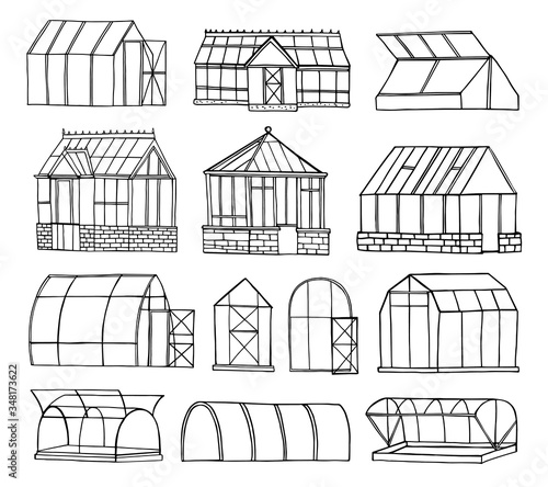 Set of different greenhouses. Hand drawn vector sketch illustration