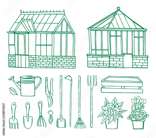 Set with English greenhouses and gardening tools. Hand drawn vector sketch illustration