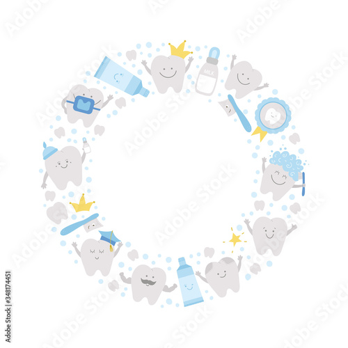Vector round frame with cute teeth. Wreath card template with kawaii funny smiling toothbrush, baby, molar, toothpaste, tooth. Funny dental care picture for kids framed in circle.