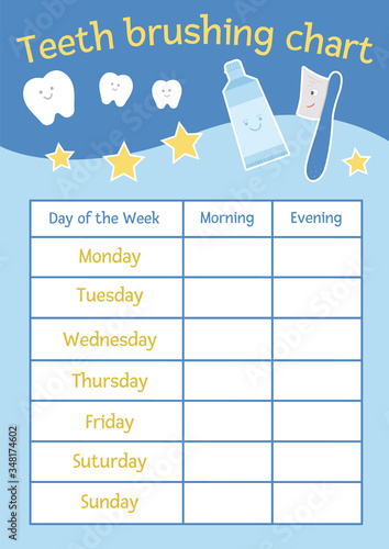 Cute teeth brushing chart for kids. Vector dental care stomatology poster with cute smiling characters. Tooth hygiene timetable for children. Dentist baby clinic brochure design. .
