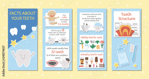 Cute dental care brochure design for kids. Vector funny stomatology information leaflet with cute smiling characters. Teeth facts info card template for children. Dentist baby clinic infographics. .