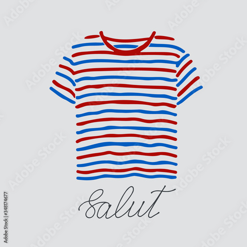 Blue and red striped t-shirt and handlettered word salut, French for hello.