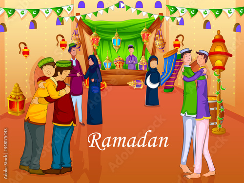 Happy muslim family celebrating Eid holiday on Ramadan in vector