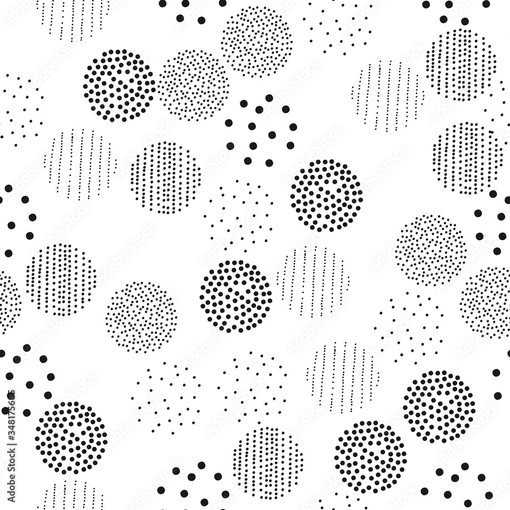 Seamless pattern of dots and circles. Perfect for fabric, textile, wallpaper. Vector illustration.