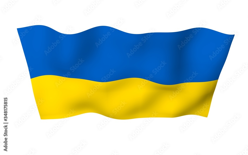 Obraz premium The flag of Ukraine on a white background. National flag and state ensign. Blue and yellow bicolour. 3D illustration waving flag