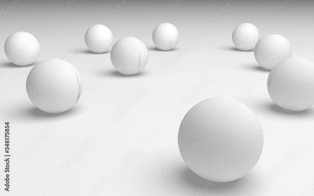 White abstract background. Set of white balls isolated on white backdrop. 3D illustration