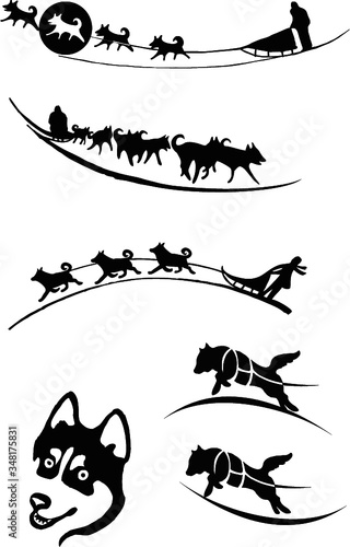 dog sledding black vector illustration