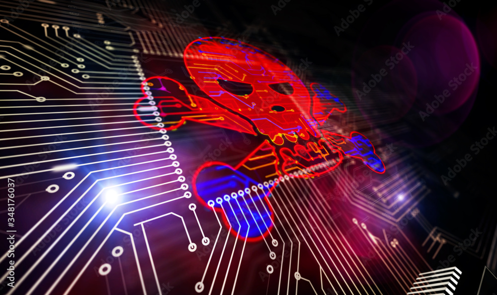 Processor factory with laser burning of cyber crime and skull symbols illustration