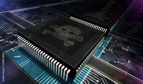 Processor factory with laser burning of cyber crime and skull symbols illustration