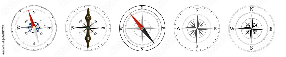 Compass, magnetic compass, navigation. Set of compass roses or winds isolated on white. Vector illustration
Compass, magnetic compass, navigation. Set of compass roses or winds isolated on white. Vector illustration