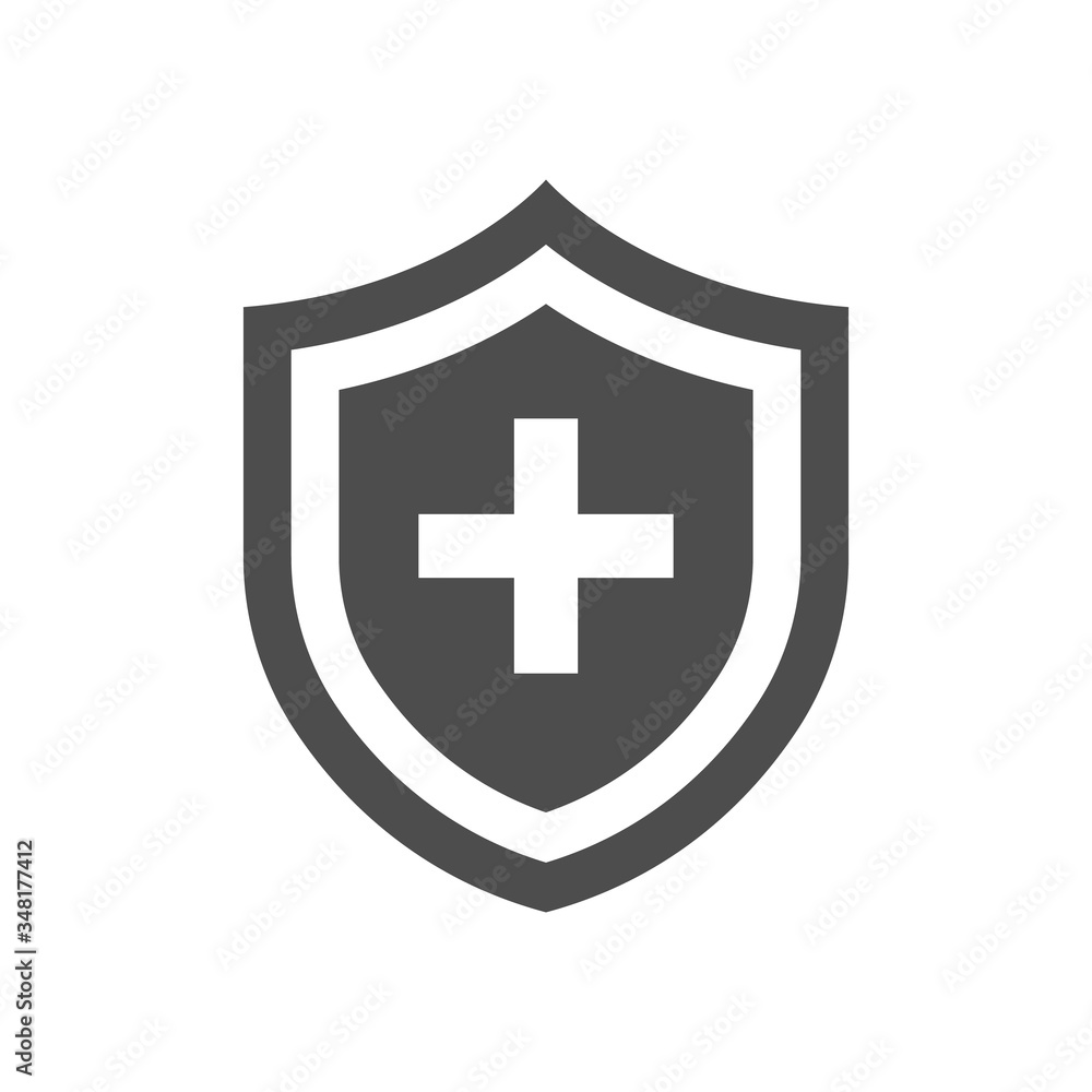 Medical shield with cross icon. Black pictogram. Modern flat design vector illustration, new concept for web banners, web site, infographics. Vector icon graphic art isolated on white background. Medical shield with cross icon. Black pictogram. Modern flat design vector illustration, new concept for web banners, web site, infographics. Vector icon graphic art isolated on white background.