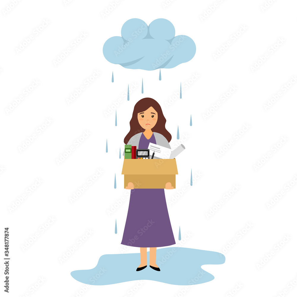 Businesswoman leaving job vector illustration on white background. Fired office worker in flat design. Employee firing concept. Company staff holding stuff under cloud and rain. Businesswoman leaving job vector illustration on white background. Fired office worker in flat design. Employee firing concept. Company staff holding stuff under cloud and rain.