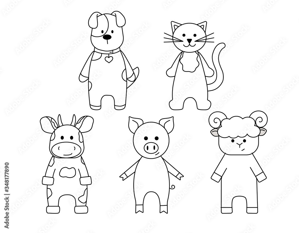 Simple silhouettes of cartoon animals, bull, sheep, pig, cat and dog. A primitive outline, a fun toy, a fantasy. Cute coloring book for small children, vector illustration.