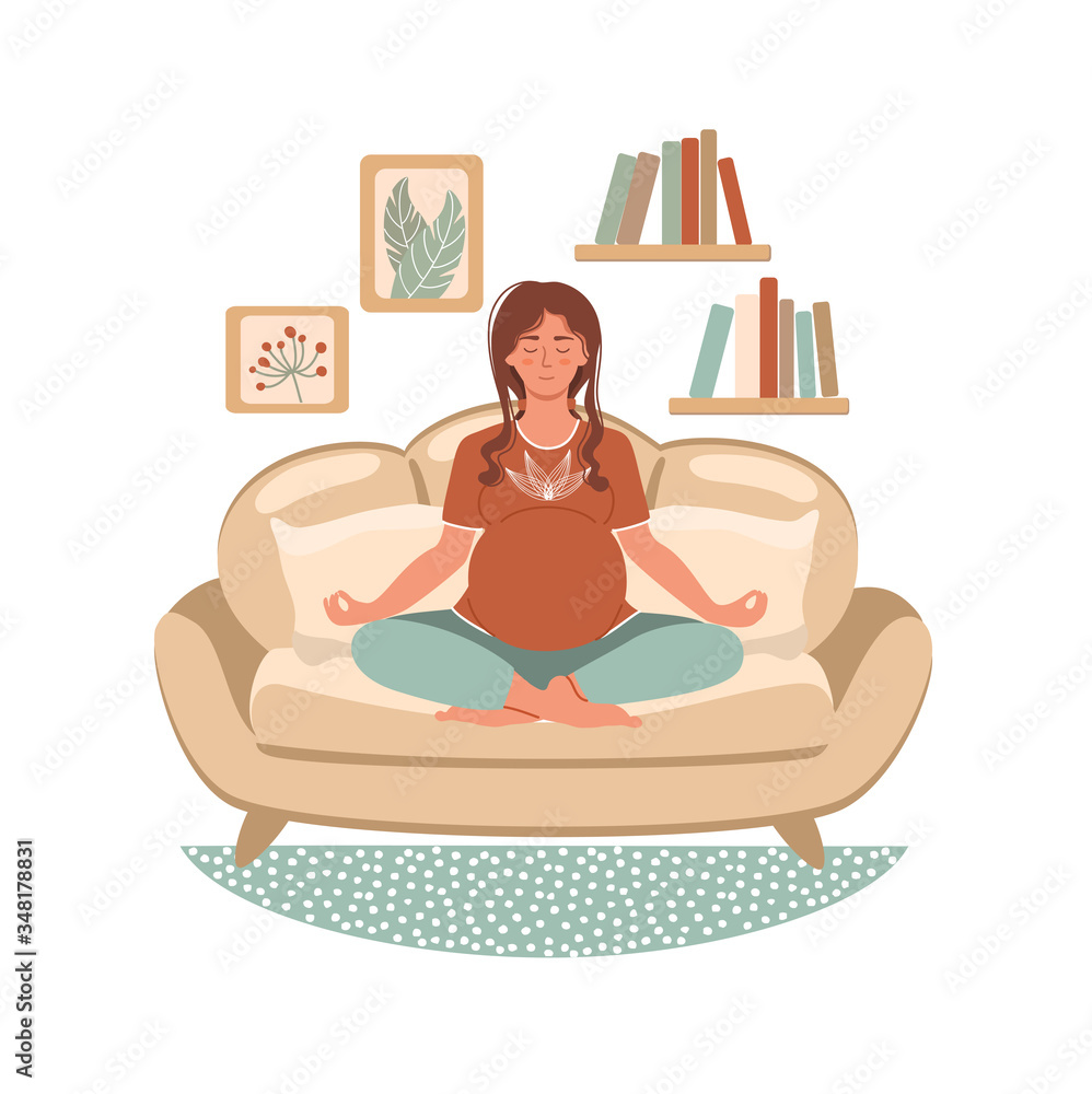Young pregnant woman meditating and sitting in lotus at home in modern interior. Home activity. Stay home concept. Illustration for yoga, meditation and healthy lifestyle. Vector flat illustration