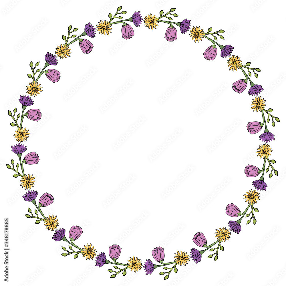 Round frame with summer flowers on white background. Vector image.