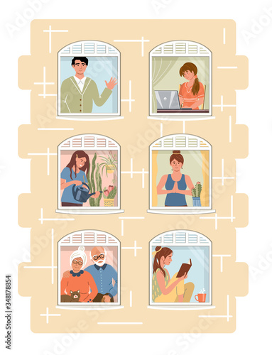 Smiling people do different pleasant things at home. People stay home to protect from viruses. People staying by the window. Social isolation. Vector illustration drawing in flat style