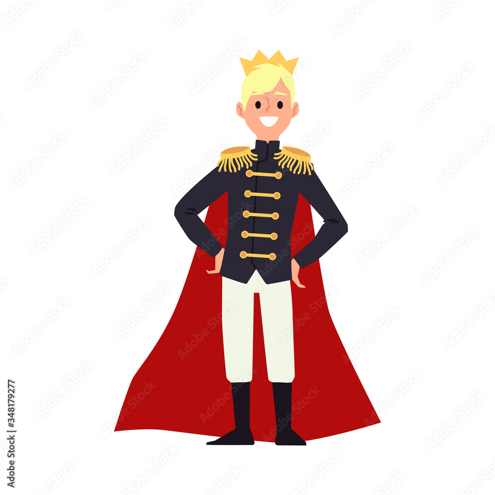 Happy cartoon man in king costume - royal crown, military jacket and red cape