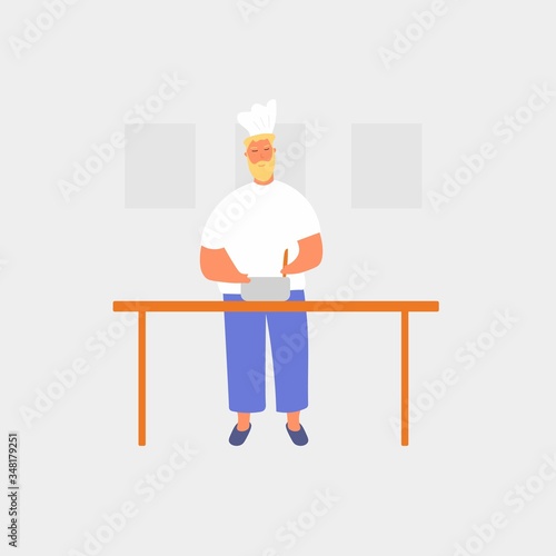 Chef cooking in pot. For menu or advertising. Cartoon vector illustration