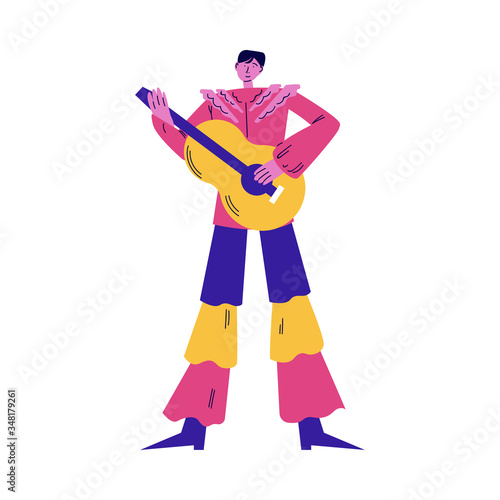 Man street atrist in bright costume standing and playing guitar vector illustration