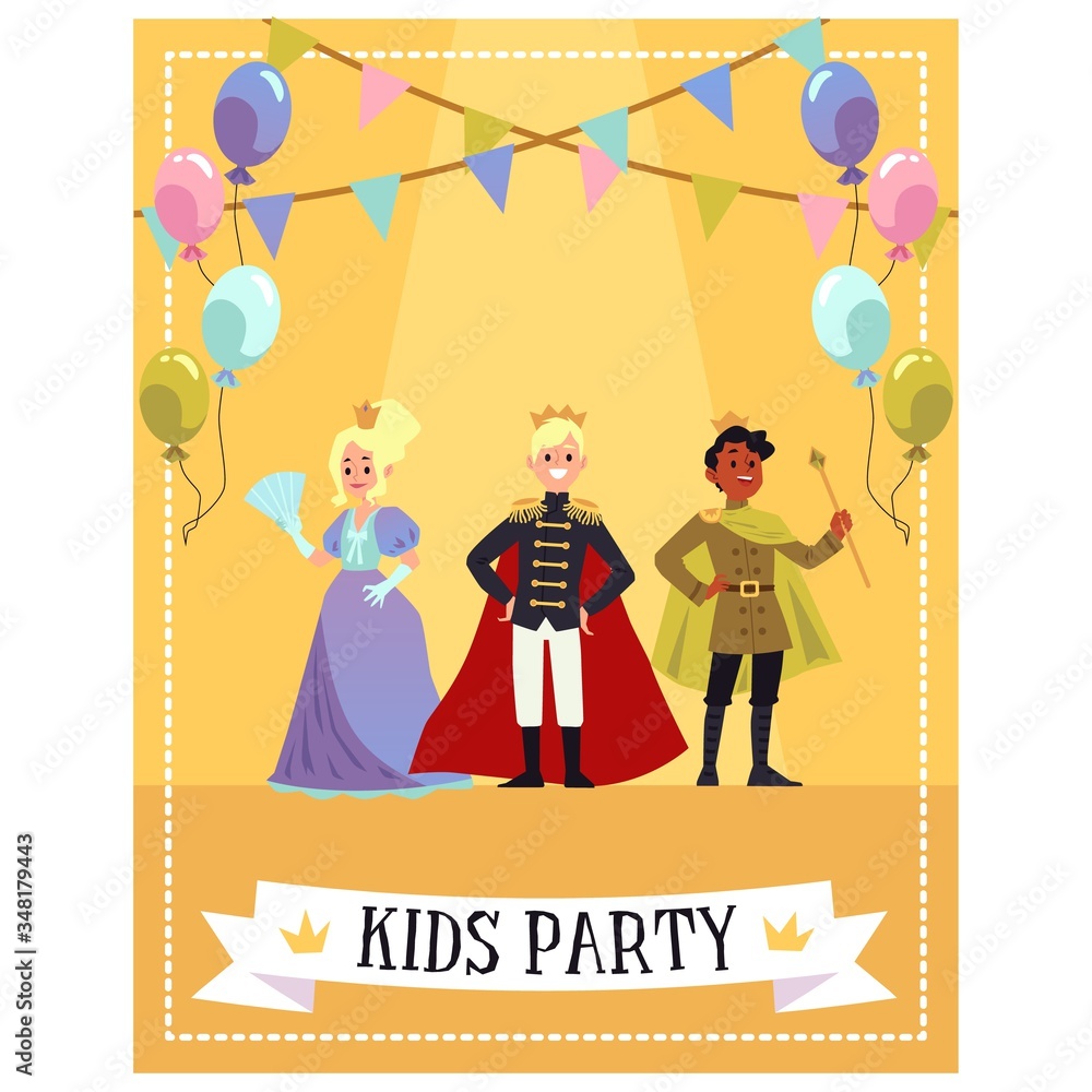 Obraz premium Party banner with kids dressed as kings and princesses flat vector illustration.