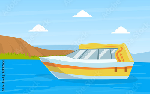 Small Motorboat on Blue River or Lake on Beautiful Summer Landscape Vector Illustration