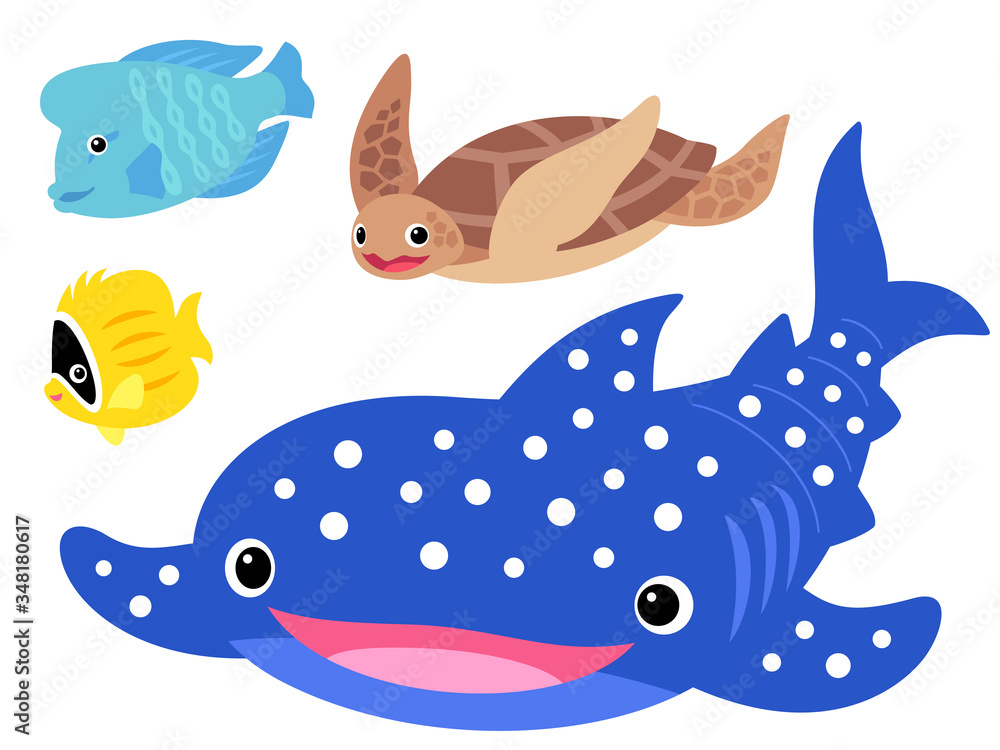 Fototapeta premium 泳ぐジンベエザメと海の生き物のイラストセット