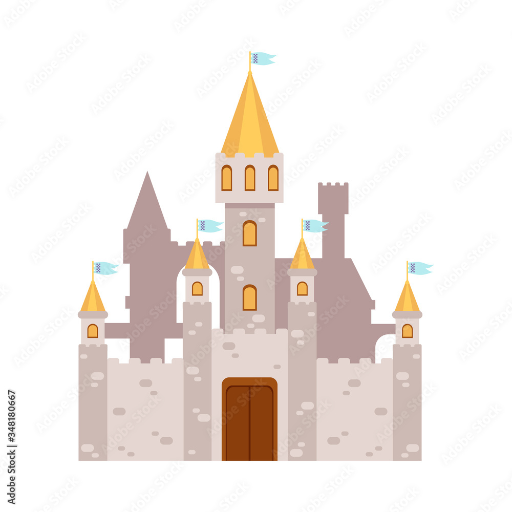 Fabulous fairy tales castle icon or symbol, flat vector illustration isolated.