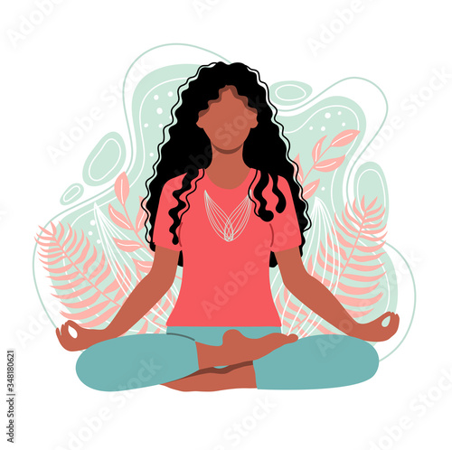 Young african american woman meditating sitting in lotus on the natural background. Concept illustration for yoga, meditation, relax and healthy lifestyle. Vector illustration in flat cartoon style