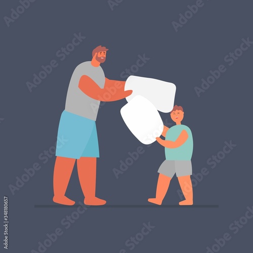 Father and son playing pillow fight. Cartoon vector illustration
