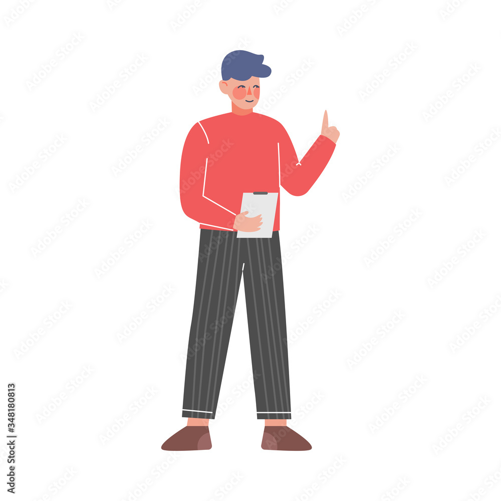 Young Man with to Do List, Guy Standing with Clipboard Holding Up His Index Finger Vector Illustration