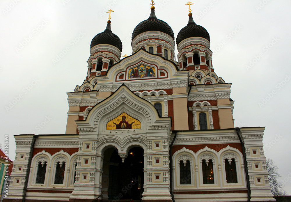 The ancient Christian church of Alexander Nevsky. The building of the church with several domes in Tallinn.