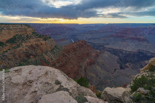 sunset at hopi point on the rim trail at the south rim of grand canyon in arizona, usa