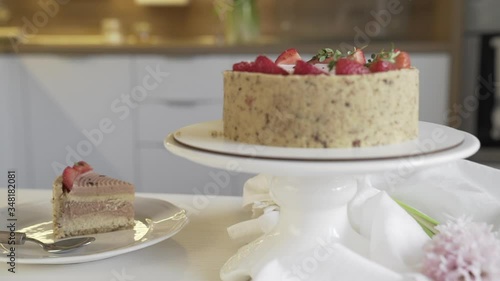 Wallpaper Mural Cake, strawberry cheesecake made from fresh strawberries, on a white surface. On a white stand, in a bright kitchen. Torontodigital.ca