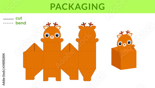 Adorable DIY party favor box for birthdays, baby showers with cute deer for sweets, candies, small presents. Printable color scheme. Print, cut out, fold, glue. Vector stock illustration.